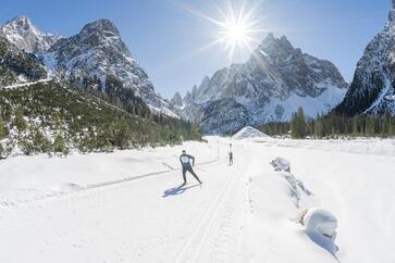 Mehrere Langläufer in einer weitläufigen sonnigen Winterlandschaft, im Hintergrund massive Berglandschaft.