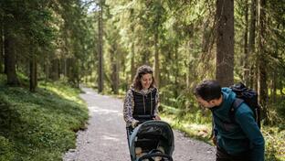 Ein Mann und eine Frau spazieren mit dem Kinderwagen durch den Wald